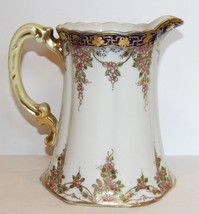 Nippon Moriage Pitcher 7&quot; Hand Painted Cobalt Pink Floral Raised Gold~Beautiful - £94.00 GBP