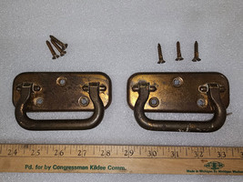 23RR44 PAIR OF STEEL HANDLES FROM BRASS SHEATHED STEAMER TRUNK, GOOD CON... - $16.77
