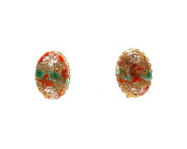 Vtg gold tone clip on oval shaped multi color splatter paint gold weep earrings - £7.98 GBP