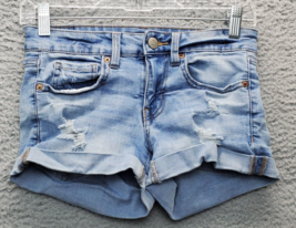 Aeropostale Jean Shorts Womens Size 0 Blue Denim Low Rise Distressed Fold Up - £13.82 GBP