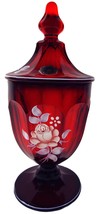 1982 Westmoreland Ruby Red Glass HP Rose 8&quot;t Colonial Style Covered Candy Bowl - £47.39 GBP