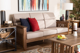 Cantu Mission Style Taupe Fabric Upholstered Walnut Brown 3-Seater Sofa - $16,649.26 MXN