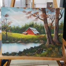 Early Fall Red Barn Country Scene W Green Meadow &amp; Pond Farm House Decor 16 X 20 - £20.22 GBP