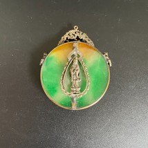 Late Qing Chinese Jade Disc in Gilded Silver Quan Yin Frame Pendant Amulet #2 - £288.40 GBP