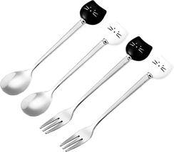 Cute Cat Coffee Spoon and Fork Set, Ceramic Stainless Steel Cat Dessert ... - £11.15 GBP