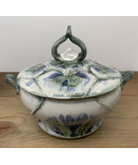 Vintage Pottery Covered Dish Artist Signed Green Blue Drip Handled 6” Dia - $21.73