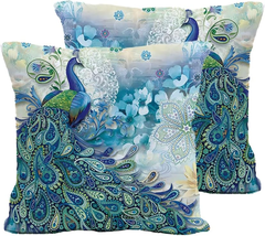 Teal Peacock Throw Pillow Covers Set of 2, Watercolor Blue Teal Vintage Turquois - £23.18 GBP