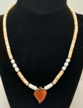 Puka Shell Choker Necklace with Polished Wooden Charm 17&quot; Vintage - £11.50 GBP