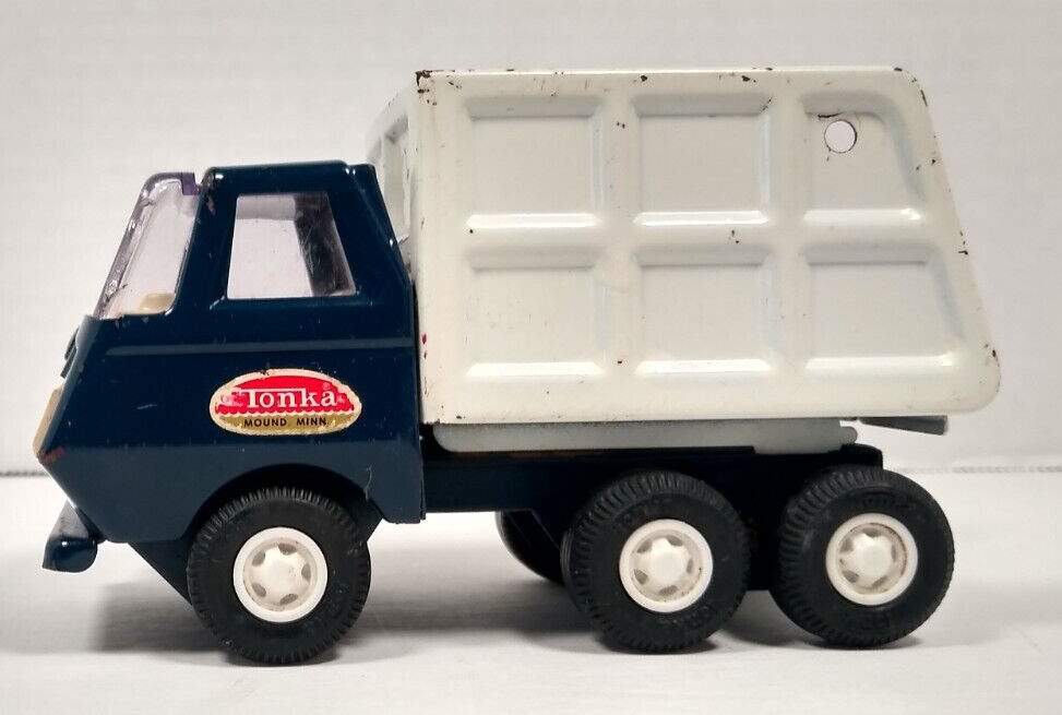Primary image for Vintage Tonka Mini Garbage Dump Truck Toy  Dark Blue/ White Pressed Metal  5"