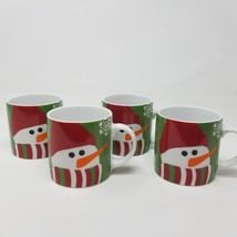 Crate &amp; Barrel Holiday Set of 4 Snowman Mugs Child Size Porcelain Red Green - £37.49 GBP