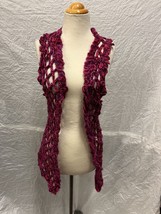 Vintage Bright Fuscia Pink Hand Crochet Open Cardigan Vest, Boho Festival Hip... - £28.84 GBP