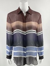 Lafayette 148 Silk Top Sz Small Burgundy Red Blue Striped Sheer Button Up Womens - £59.49 GBP