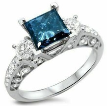 1.50 Ct Blue Princess &amp; Round cut Diamond Engagement Ring 14K White Gold over - £87.57 GBP