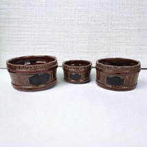 Pottery Barn Stacking Bowls Faux Wood Bois Barrel Brown Ceramic Serving Set of 3 - £47.48 GBP