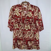 Pierrre Cardin Hawaiian Shirt Mens L Rayon Red Tan Bamboo Hibiscus Aloha... - £21.12 GBP