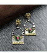 Real 925 Silver Jaipury rectangle shaped two tone Natural Emerald Jhumka... - €75,77 EUR