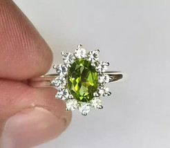 2.50 CT Oval Cut Lab-Created Peridot CZ Cluster Halo Engagement Ring 925 Silver - £89.52 GBP