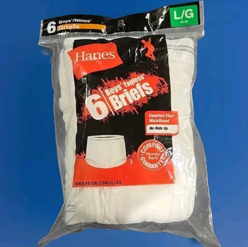 6 Pack Hanes Boys Size Large 14-16 Briefs White Cotton Tagless New