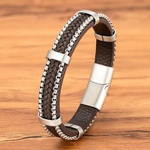 Fashion Chain Stainless Steel Men Leather Bracelet for Friend Birthday Gift Bang - £16.52 GBP