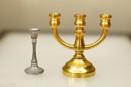 Vintage Lot Dollhouse Doll House Toy Brass Metal Candleabra &amp; Pewter Candlestick - £11.79 GBP