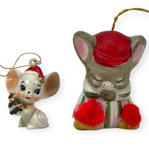 2 pc Vtg Christmas Ornaments #1 ceramic mouse JASCO bell &amp; #2 small plastic mous - £8.60 GBP