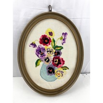 VTG Crewel Floral Pansies Oval Framed 80&#39;s Textile Yarn Wall Art 14.5&quot;x 11&quot; - £34.74 GBP