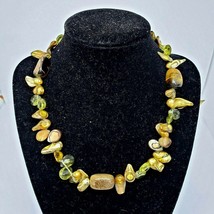 Tigers Eye Stone &amp; Abalone Shell Bead Necklace 925 Sterling Silver Clasp Choker - £18.50 GBP