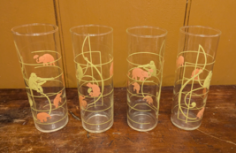 Vintage Set 4 MCM Federal Glass Pink Elephant &amp; Monkey Musical Notes Highball 7&quot; - £50.36 GBP