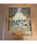 Vintage Framed Village Folk Art Painting Jewel Colors Fall Pumpkins  173... - $1,507.73 MXN
