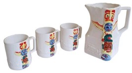 Vtg Midcentury White IAAC Ceramics 7&quot; Totem Pole Pitcher and Mugs - $39.55