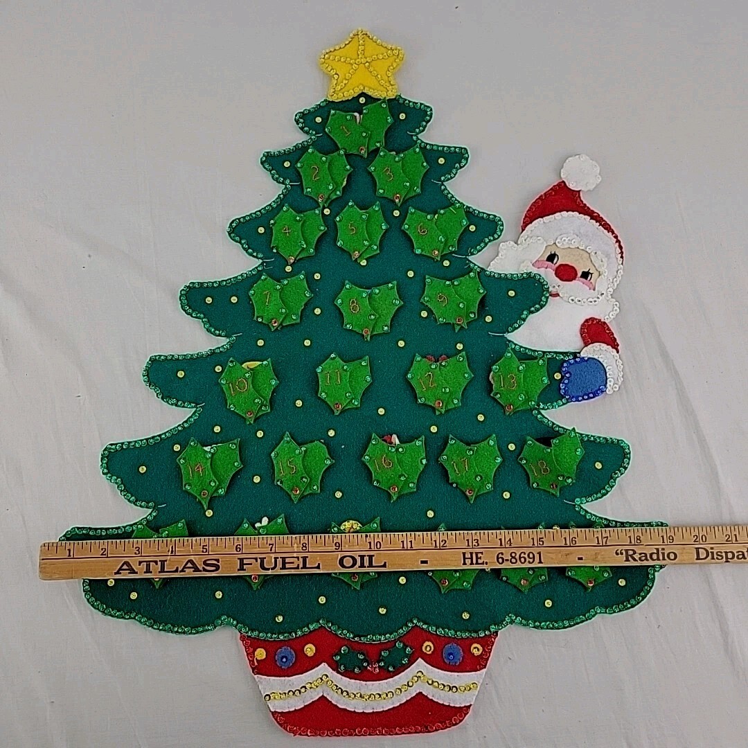 Vtg Jeweled Advent Calendar Felt Sequined Embroidered XMAS Tree Handmade Santa Item image 9