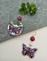 Handpainted wooden art Butterfly earrings. Laser cut Colorful Ethnic earrings - £35.69 GBP