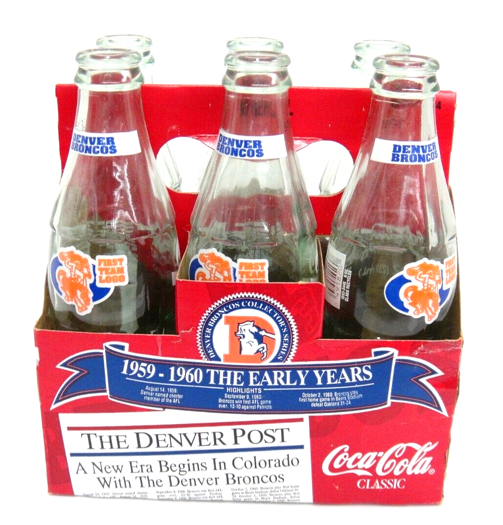 Primary image for Denver Broncos Coca Cola Empty Bottles in Carrier First Team Logo 6 Pack 8 oz