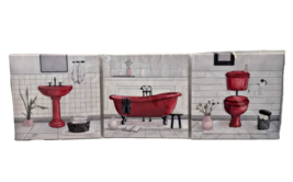 Bathroom Fixtures Wall Art Set (3) 12" x 12" White Red Gray Printed Canvas - $29.70