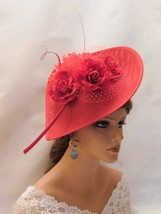 RED Hat Fascinator large Teardrop hatinator long Quil Floral hat Church Derby As - £46.47 GBP