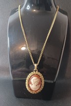 Vintage 70’s Goldtone Cameo Reverse Sides  32&quot; Pendant Over The Head No ... - $19.75