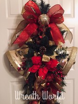 New Handmade Large Designer Poinsettia Bells Christmas Wreath Red Gold Swag - £125.11 GBP