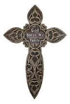 Rustic Western God Bless My Family Faux Wooden Tooled Scrollwork Wall Cross - $29.99
