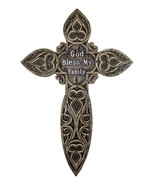 Rustic Western God Bless My Family Faux Wooden Tooled Scrollwork Wall Cross - $41.10 CAD