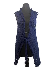 Handmade Navy Blue Crochet Vest Longline Tie Front Boho Hippie Chic - £27.39 GBP