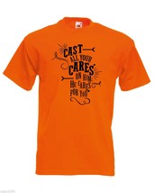 Mens T-Shirt Quote Cast All Your Cares on Him, Inspirational Sayings tshirt - £19.83 GBP