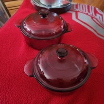 Lot of 2 Vision Pyrex Corning Ware Cranberry Pot w/ Lids 1148/1156 1.5/2... - $48.31