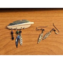 Beautiful Carved Abalone FEATHER Brooch and Sterling Feather Earrings - £14.78 GBP