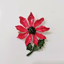 VINTAGE ENAMELED FLOWER BROOCH PIN RED GREEN METAL 2.5&quot; LARGE - £10.22 GBP