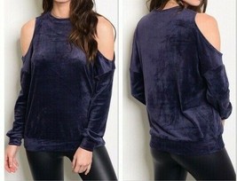 Purple Cold Shoulder Shirt Small Long Sleeve Velour Velvet Sweater Top Blouse - $7.60