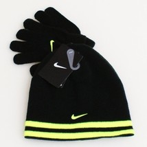 Nike Reversible Black &amp; Volt Knit Beanie &amp; Stretch Gloves Youth Boy&#39;s 8-20 NWT - £17.51 GBP