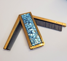 Vintage Blue Confetti Lucite Folding Vanity Comb Brush Gold Mid Century MCM - $39.59