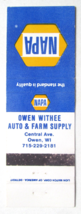 Owen Withee Auto &amp; Farm Supply  Napa - Owen, Wisconsin 20 Strike Matchbook Cover - £1.36 GBP