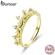 BAMOER Authentic 925 Sterling Silver Princess Crown Gold Color Crown Rings for W - £13.31 GBP