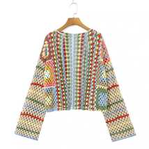 Women Bohemia Colored Vintage Hand Crochet Long Sleeve Open Stitching Knitwear J - £39.35 GBP